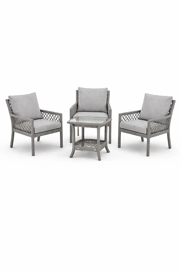 Oslo Raddan 1+1+1 Bistro Set Minderli 3 Kişilik Raddan Oturma Grubu Bahçe Balkon Teras Set